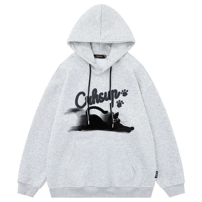 Sliding cat graphic on casual hoodie design