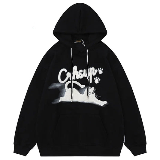 Sliding cat graphic on casual hoodie design