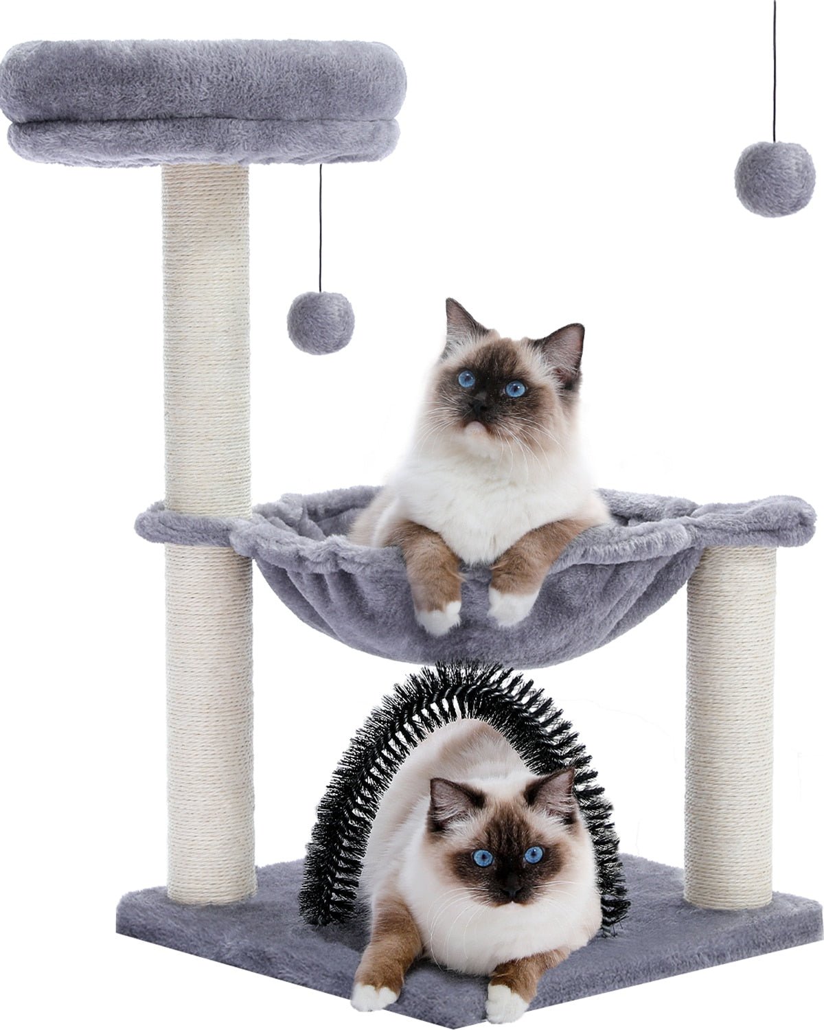 cats chilling in a modern cat tree tower