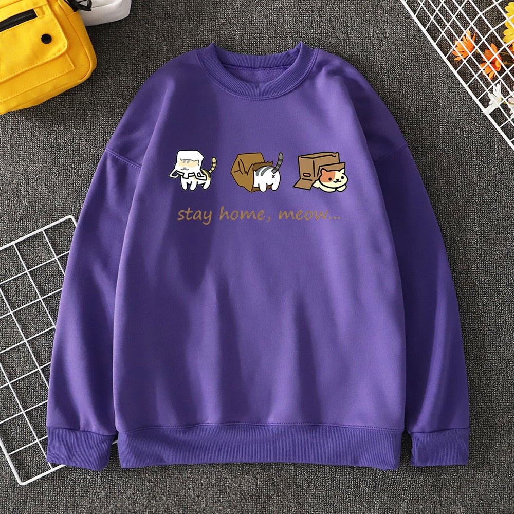purple color sweatshirt with cat inside box cartoon