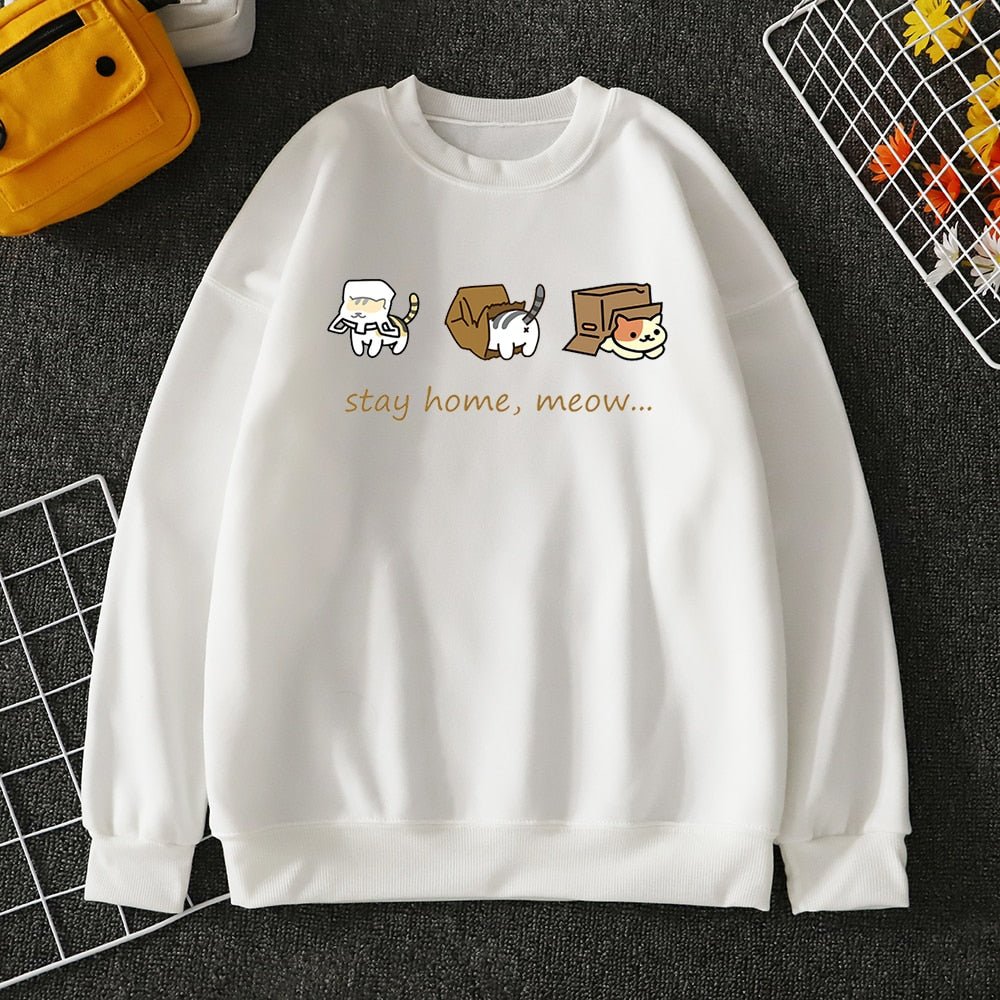 white color stay home meow funny words cute cat sweaters