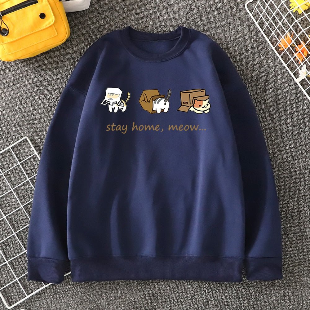 navy color stay home meow cat sweatshirts for humans