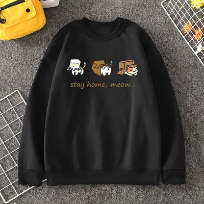 Black color cat cartoon sweatshirt with stay home, meow words