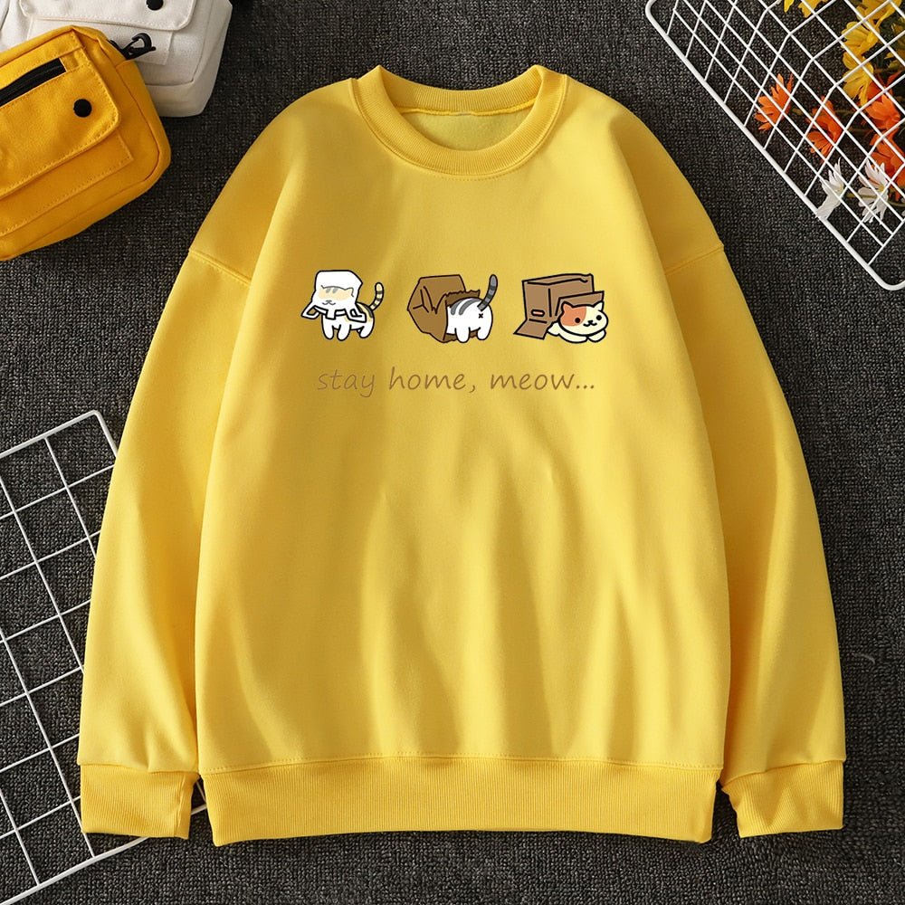 yellow color cat sweatshirt with stay home meow words