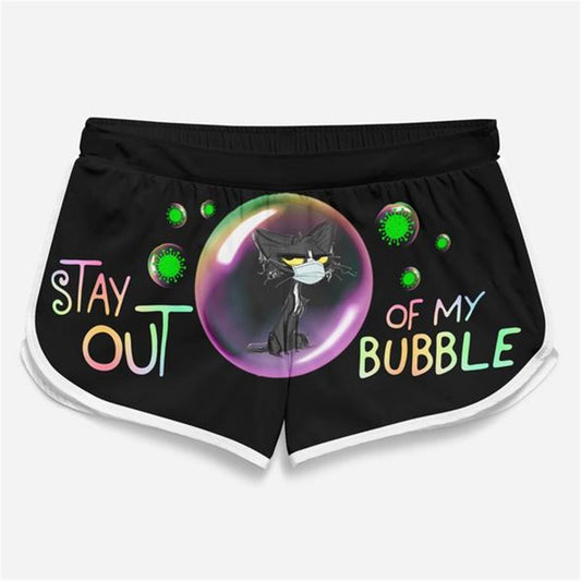 'Stay out of my bubble' cat themed female beach shorts