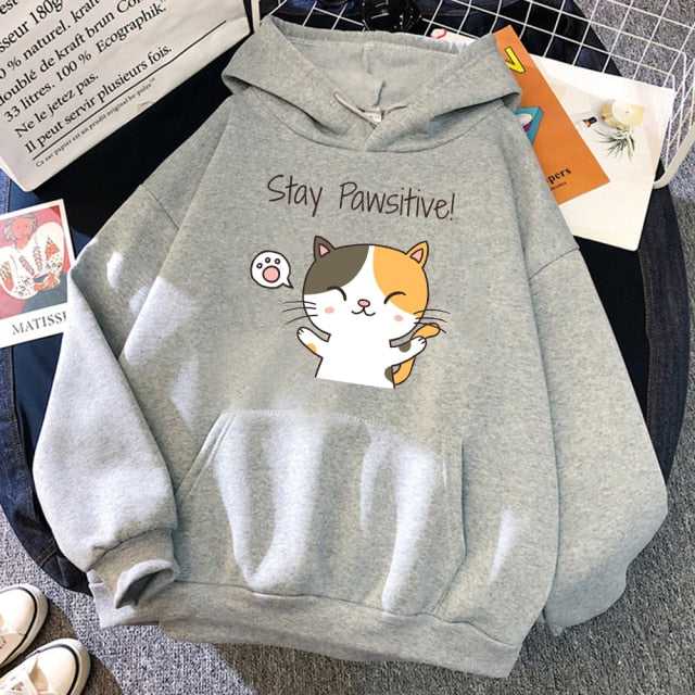 Cute Cartoon Cat Hoodie With Motivational Quote Stay Pawsitive Meowgicians