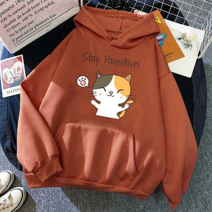 brown color hoodie made for cat lover with a calico cat design motivating people