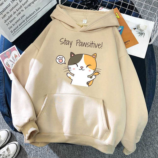 beige color cat themed hoodie for human featuring a calico cat saying stay pawsitive