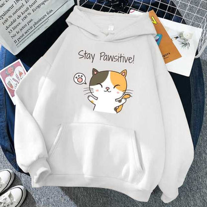 adorable white hoodie printed with a calico cat saying "stay pawsitive" and looks motivating