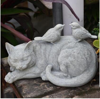 Stone Color Cat Statue with Bird Details for Outdoor garden made with resin