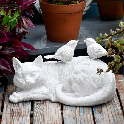 Tranquil Cat and Bird Design: Stone Color Resin Cat Sculpture for Outdoor decor