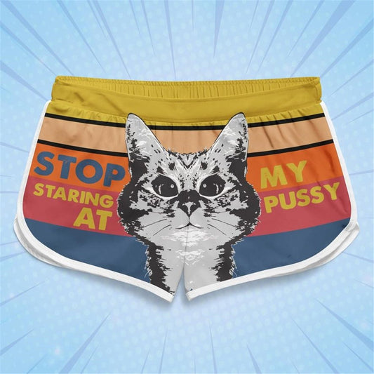 'Stop Staring!' Funny Cat Themed Female Beach Shorts