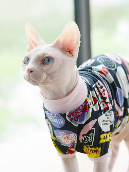 a sphynx cat wearing a clothing for sphynx cat