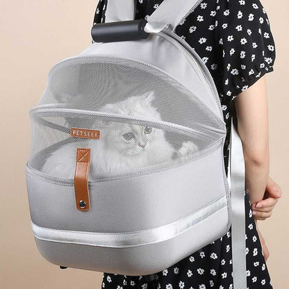 a cat mom carrying a light-weight backpack cat carrier that looks so stylish with a touch of luxury
