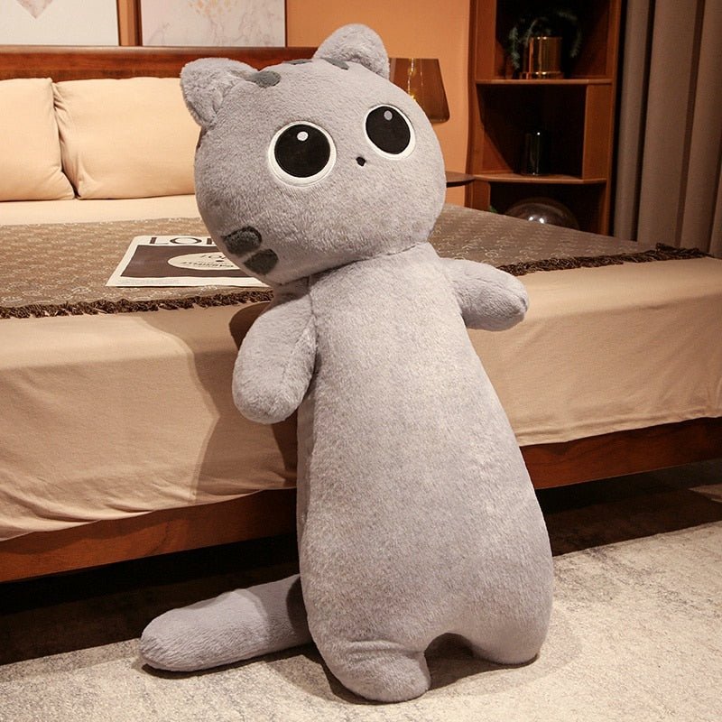 a grey cat plush that is long for cuddle