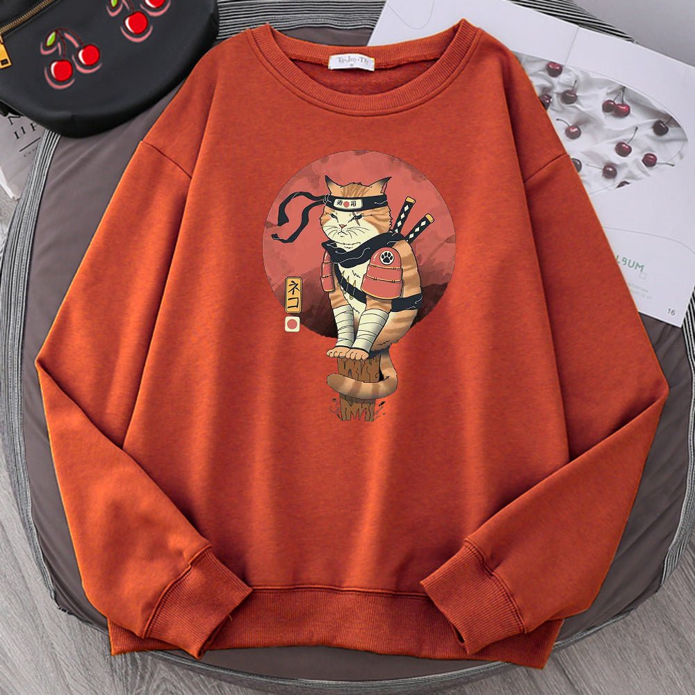 brick red color mens cat sweatshirt with a Japanese design cat ninja