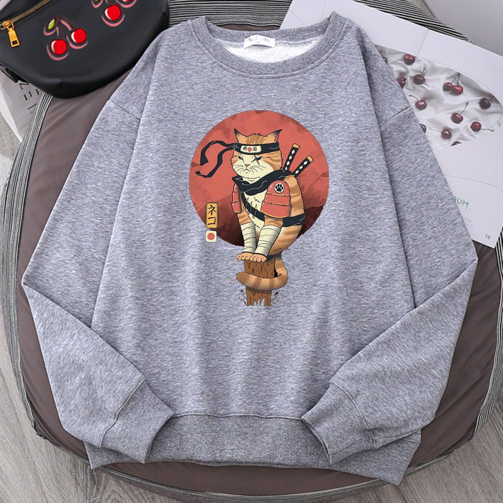 gray color cat sweatshirt featuring a ninja cat