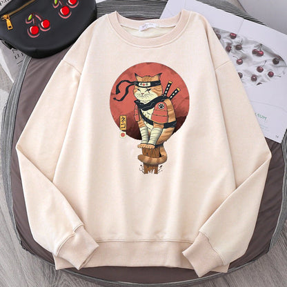 beige color mens cat sweatshirt featuring a cat ninja with katana