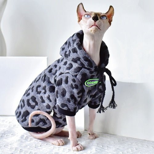 a grey color cat hoodie for cats with leopard print