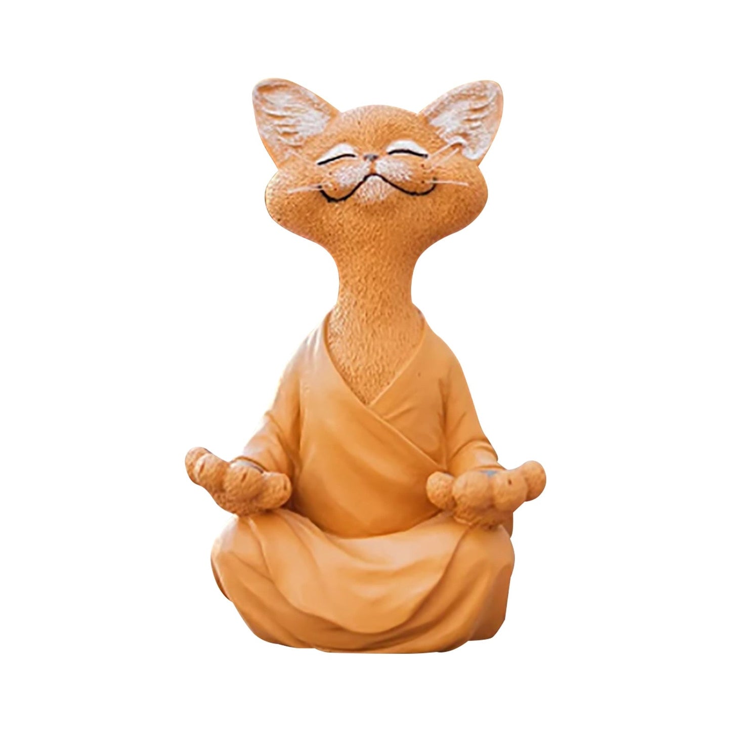 an orange cat sculpture featuring a cat doing meditation in a robe while smiling