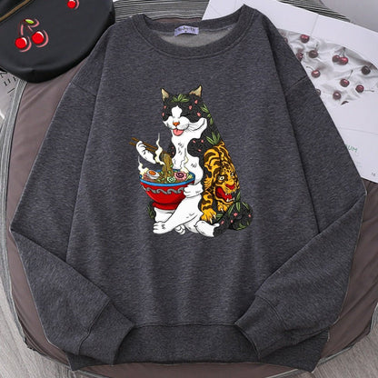 cat with tattoo eating ramen picture featured on a grey cat sweatshirt