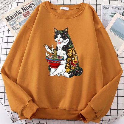 an orange color sweatshirt featuring japanese cat eating ramen 