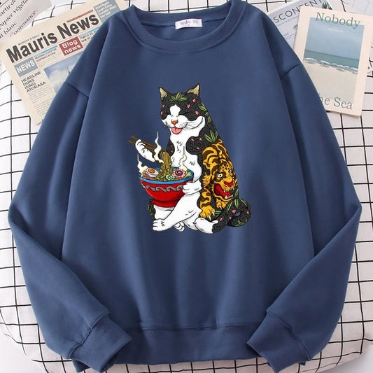 a blue color cat dad sweatshirt with a picture of a cat gangster eating ramen