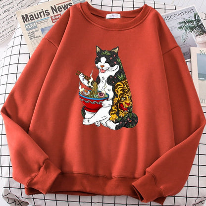 an orange color cute cat sweaters with picture of cat with tattoo eating ramen