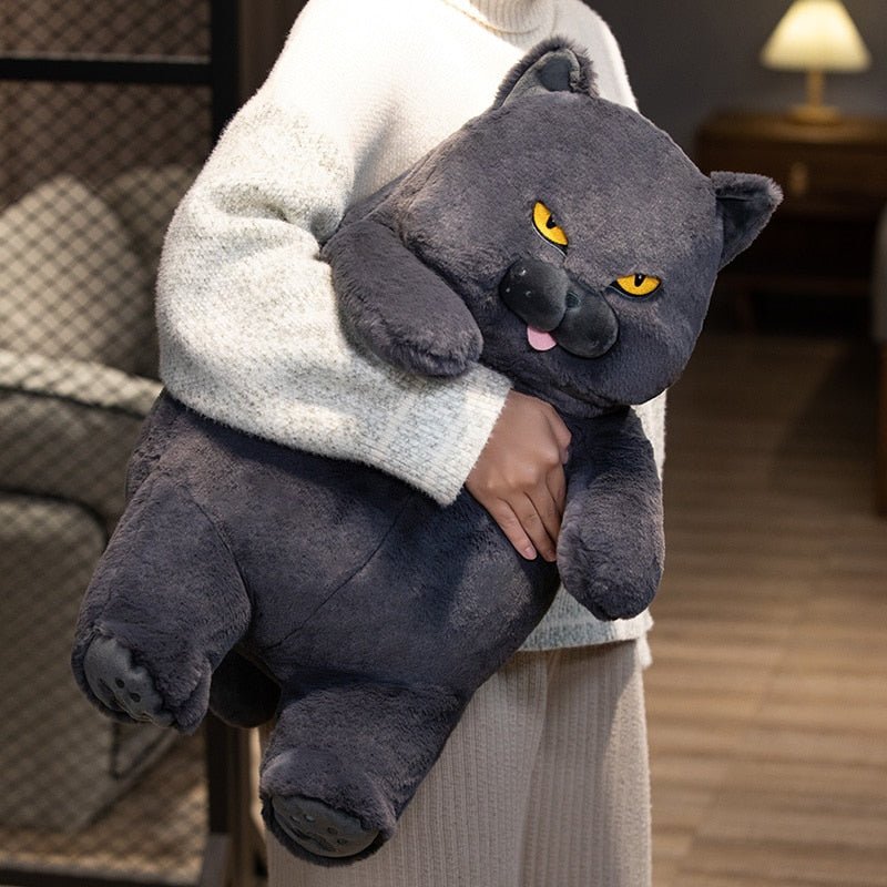 a woman holding a big cat plush of an angry cat