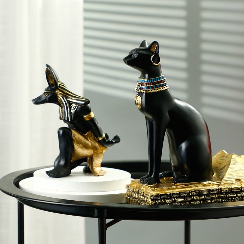 a set of cat sculptures in egyptian design for home decor and wine holder