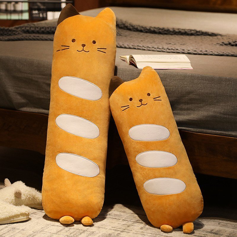 2 sizes of a big plushie cat that shaped like a bread