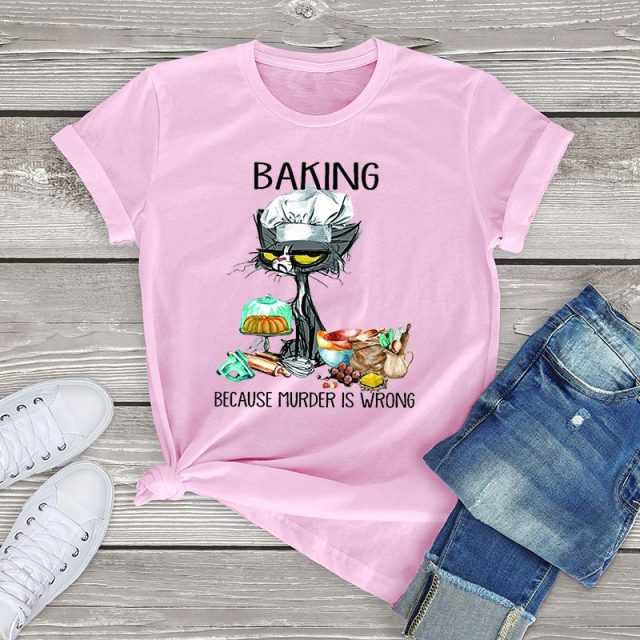 pink color female cat t shirt with words baking because murder is wrong