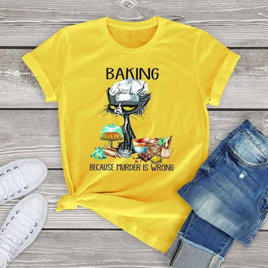 yellow color funny cat tshirt with baking because murder is wrong words