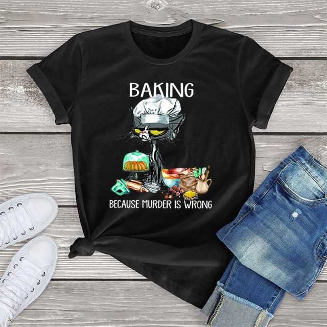 black color baking because murder is wrong female cat t shirt