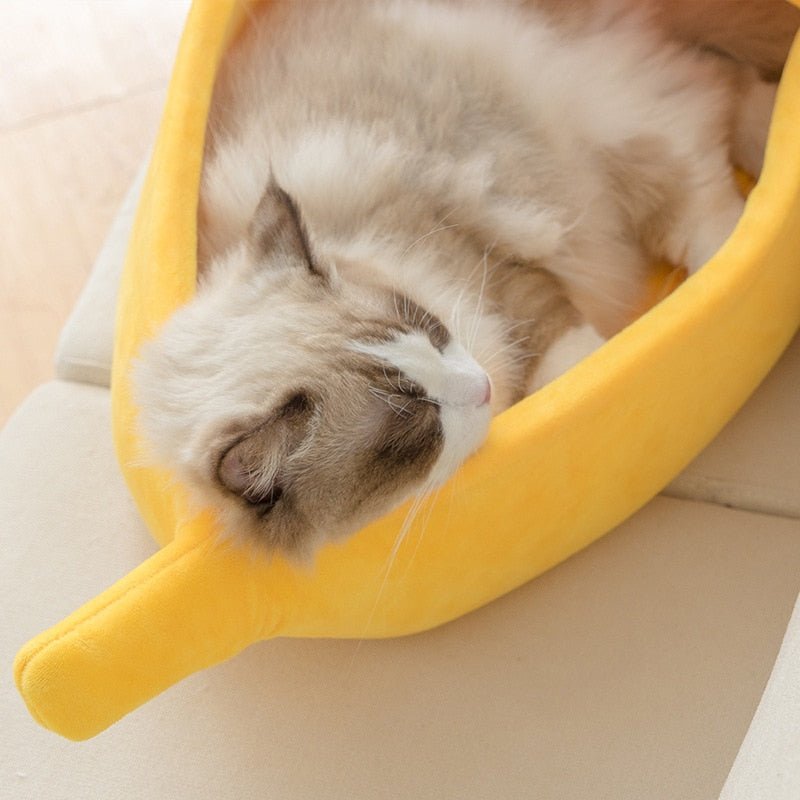 cat sleeping in a  banana cat bed made from soft and warm materials