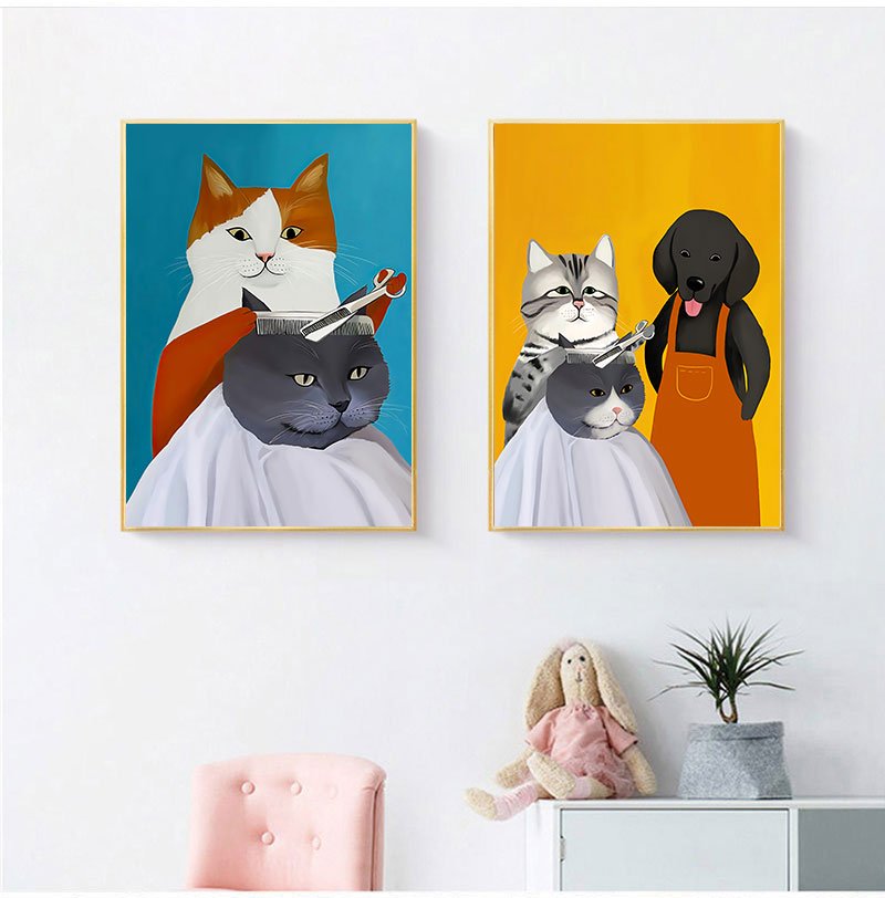 adorable barber cat canvas art for home