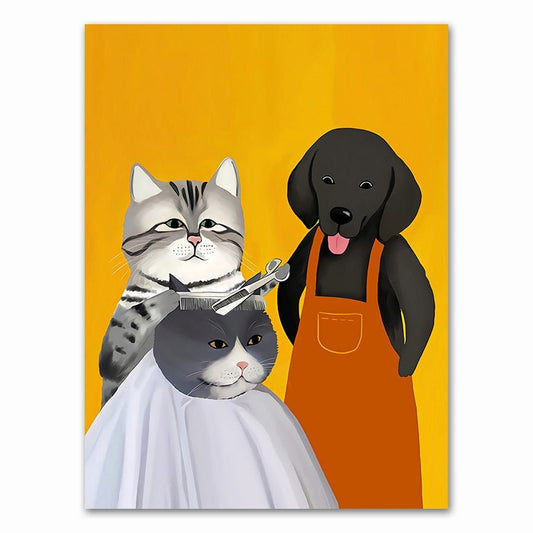 barber cat and dog cutting hair cat cutting hair barber cat canvas oil printing