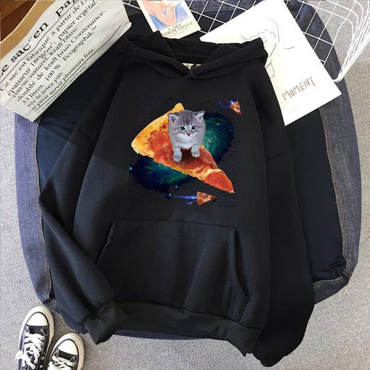 black color cat hoodie with a cute picture of a kitten on a pizza in the galaxy which looks adorable and hilarious
