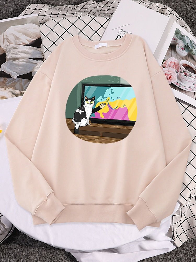 a biege funny cat sweatshirts featuring a cat doing broadcast