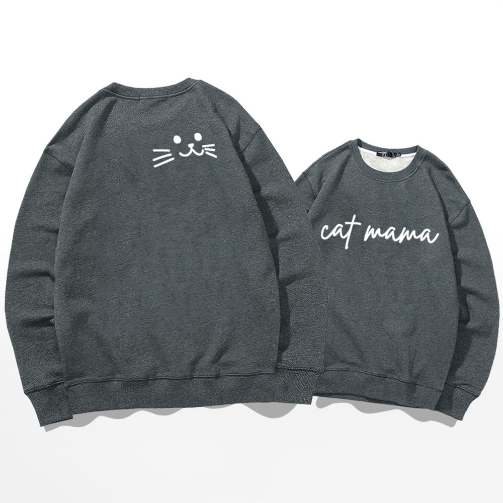 a grey color womens cat sweatshirt with the word cat mama