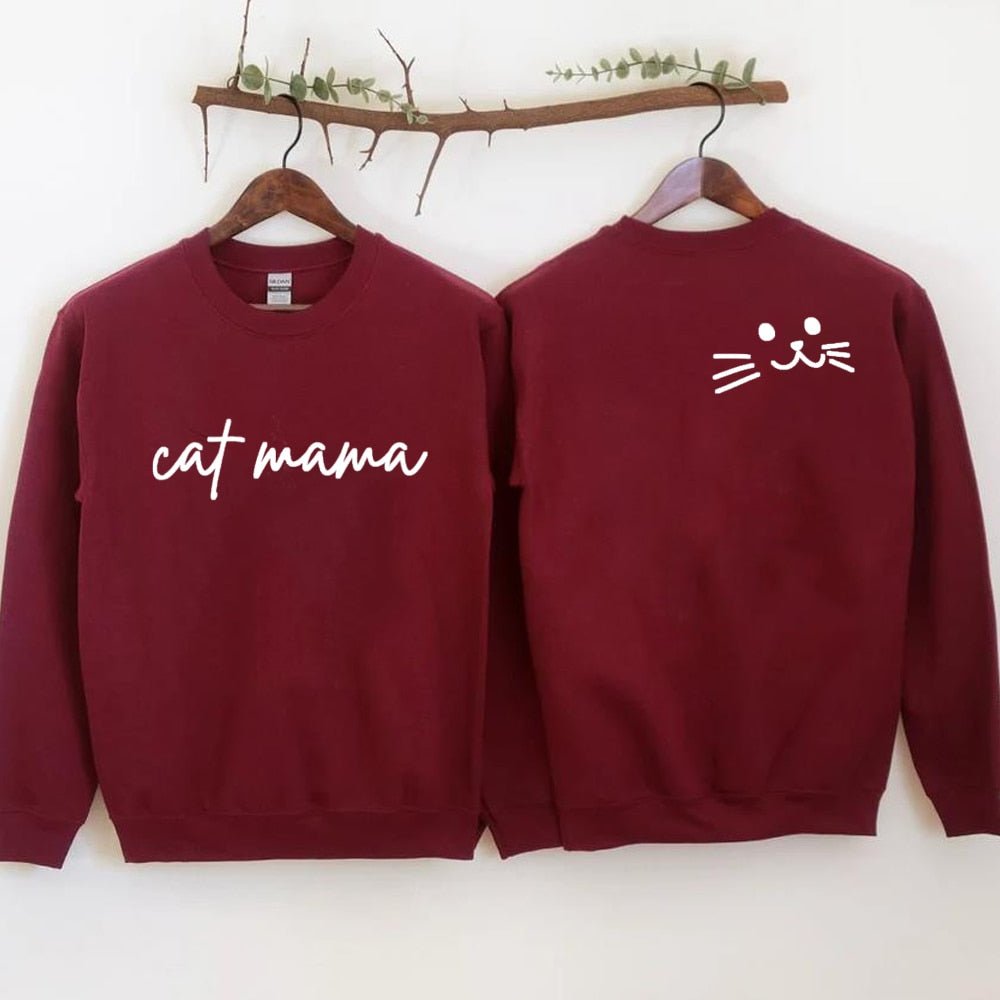 a maroon cat mom sweatshirt with the word cat mama