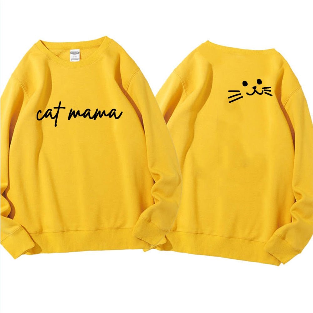 a yellow color cat sweater women with the word cat mama