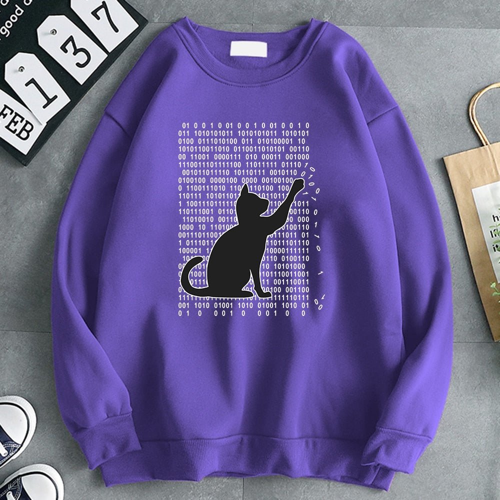 cat dad sweatshirt with black cat cartoon and computer codes