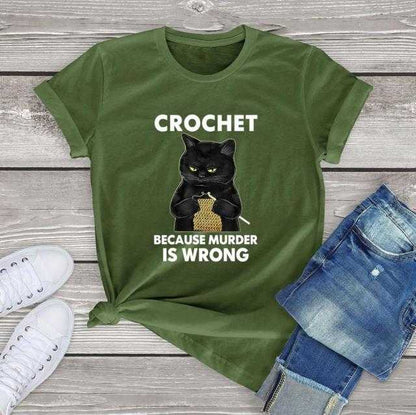 army green cat shirt for women with cat doing crochet design