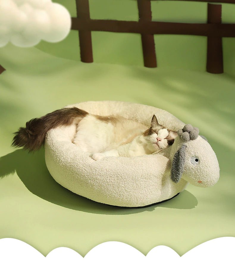 funny looking cat bed in white color in adorable sheep design that gives a calming effect to cats