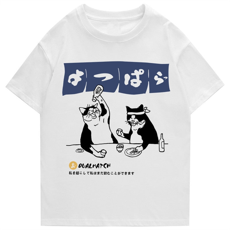 cute japanese drinking cat t shirt in white