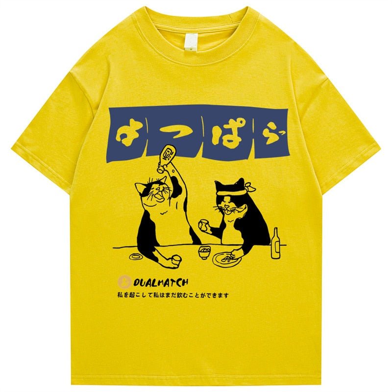 bold yellow color cool cat shirts with japanese words