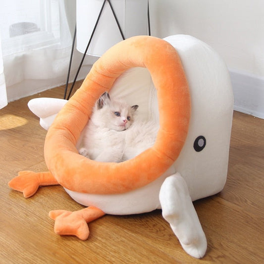 cute looking funny cat bed featuring a duck with a big mouth design that looks soft and comfortable