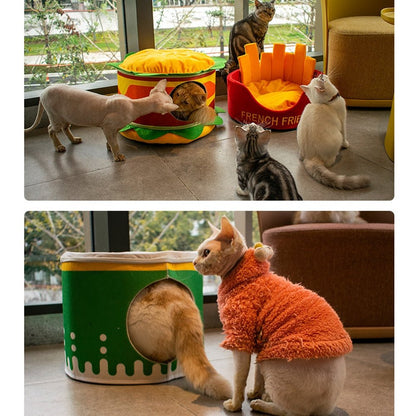 funny looking sofa and bed made for pets with a creative fats food designs