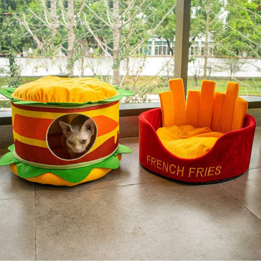 beds made for cat that looks cute with unique fast food design of a burger and a french fries